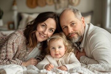 Obraz premium Portrait of Loving Parents and their Adorable Daughter Relaxing on Bed