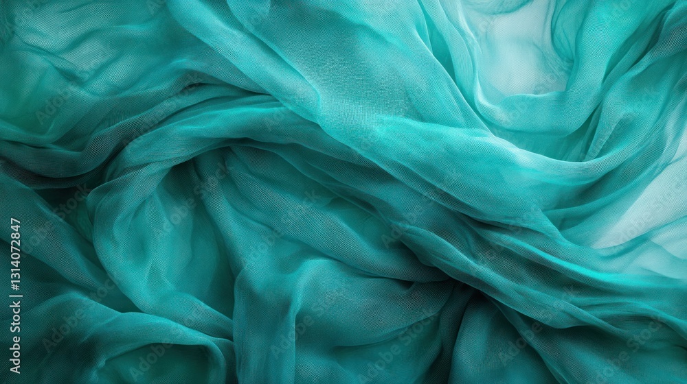 Poster flowing teal fabric with soft folds and textured transparency