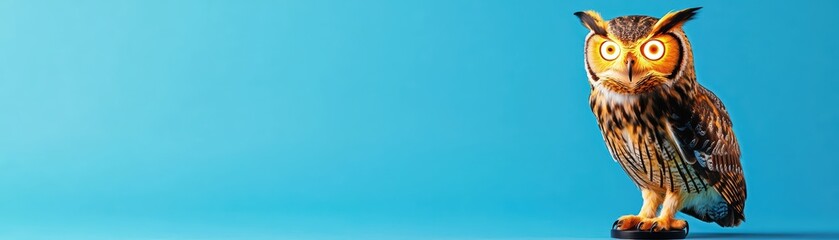 Fototapeta premium Glowing Owl on a Bright Blue Background with High-Tech Elements and a Futuristic Feel