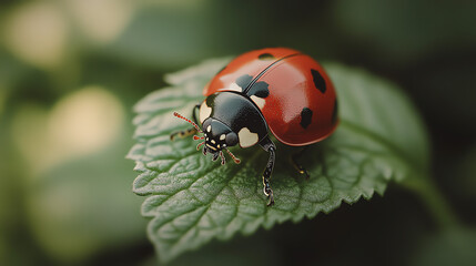 Fototapeta premium Close-Up of Ladybug on Leaf in Sunlit Garden