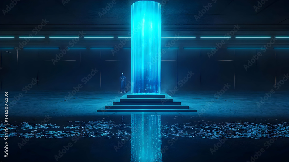 Poster mysterious glowing blue pillar on a platform in a dark futuristic space with reflective floor and fl