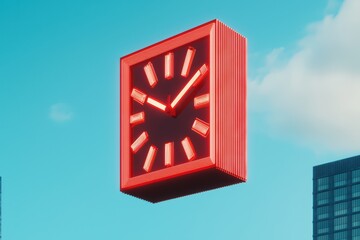 Massive Digital Clock Floating Over Corporate Buildings in a Bright Urban Landscape