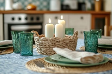 Rustic Table Setting with Warm Candlelight and Teal Glassware