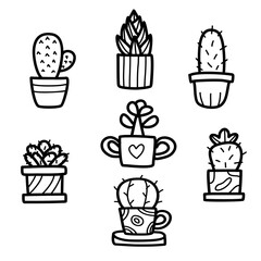 Cute hand drawn vector illustration set of type of aesthetic cactus in pottery icon