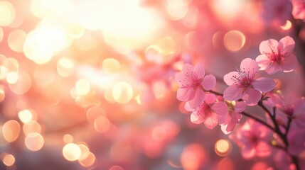 A dreamy close-up of cherry blossoms in full bloom bathed in soft golden light. Delicate pink petals with a glowing bokeh background create a romantic and ethereal atmosphere.