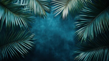 Tropical palm leaves frame dark teal backdrop