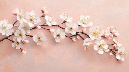 Minimalist cherry blossom branch on a soft pink background. Elegant floral composition with white spring flowers. Delicate blooming branches perfect for wedding and seasonal designs