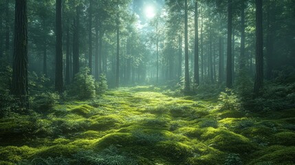 Obraz premium Misty Forest Path Sunlight