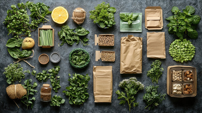 variety of biodegradable packaging alternatives displayed with fresh herbs, seeds, and nuts on textured surface, showcasing eco friendly options for sustainable living