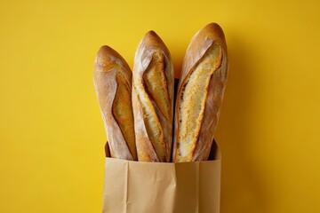 Three Golden Brown Baguettes in a Paper Bag on Yellow Background