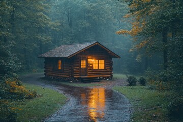 Obraz premium Misty forest cabin on a rainy evening