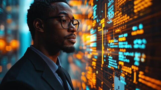 Coding Vision: A focused man gazes at glowing digital code, a contemporary tableau of innovation and technology, hinting at intricate data analysis and problem-solving.