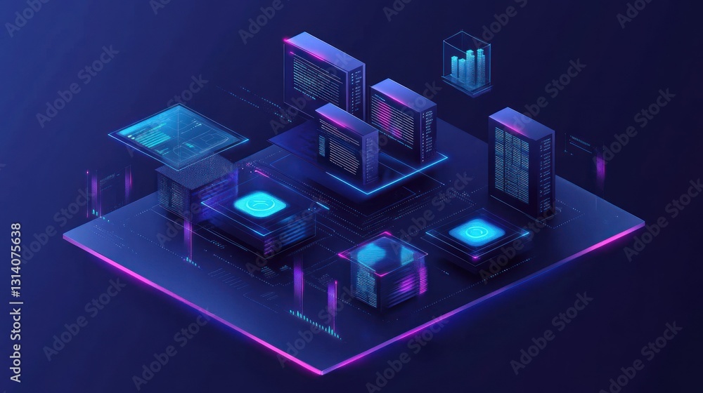 Poster a futuristic isometric illustration of a data processing network