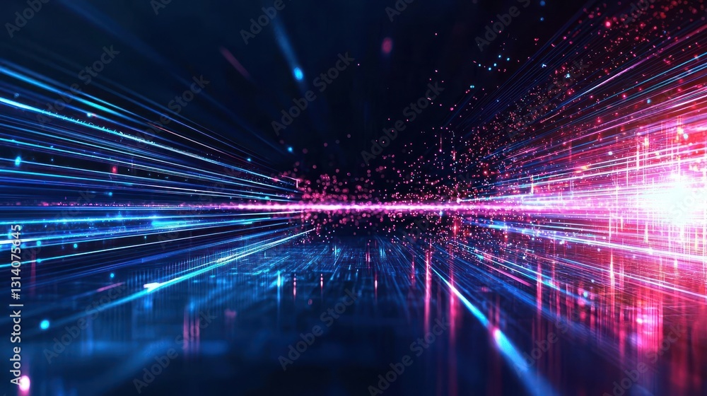 Poster abstract digital data flowing through network with bright red and blue light trails