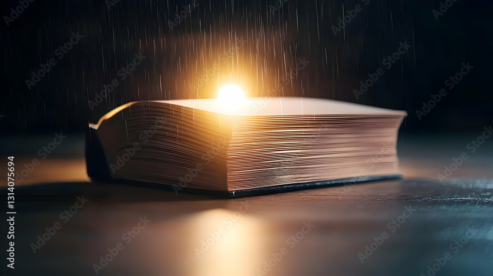 Aufkleber glowing open book with rain effect on dark background with wet surface