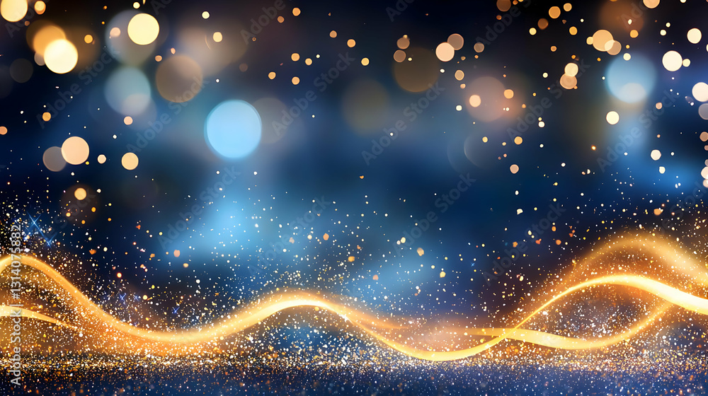 Poster abstract festive golden glitter light trails and bokeh effect on blue background with sparkling part