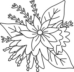 Cute mushroom, flowers, ribbon, cloud coloring page illustration, black white outline coloring book for kids