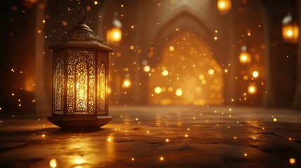 A decorative lantern illuminated inside a warmly lit interior space