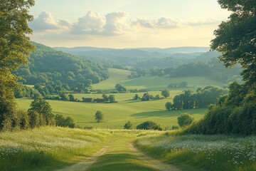 Dirt road through wildflowers overlooks sunlit valley farms at sunset
