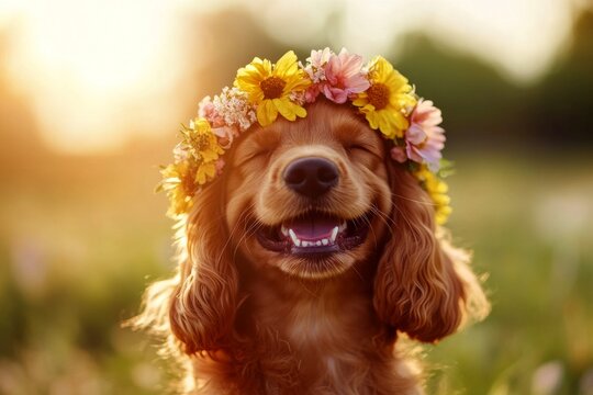 Warm season happiness. Golden sunrise. Cute baby dog cocker spaniel wearing fierce flower crown on its head. Boho-inspired floral wreath for dogs. Free-spirited dog in a sunny field.