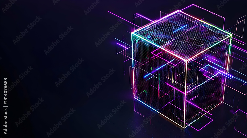 Poster 3d glowing neon cube with data flow on dark background