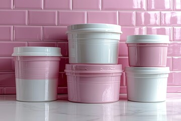 Stacked containers on marble surface against pink tile wall in bright studio