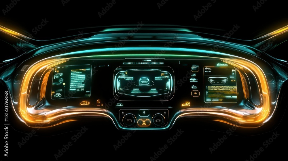 Poster a futuristic car dashboard featuring multiple digital display screens