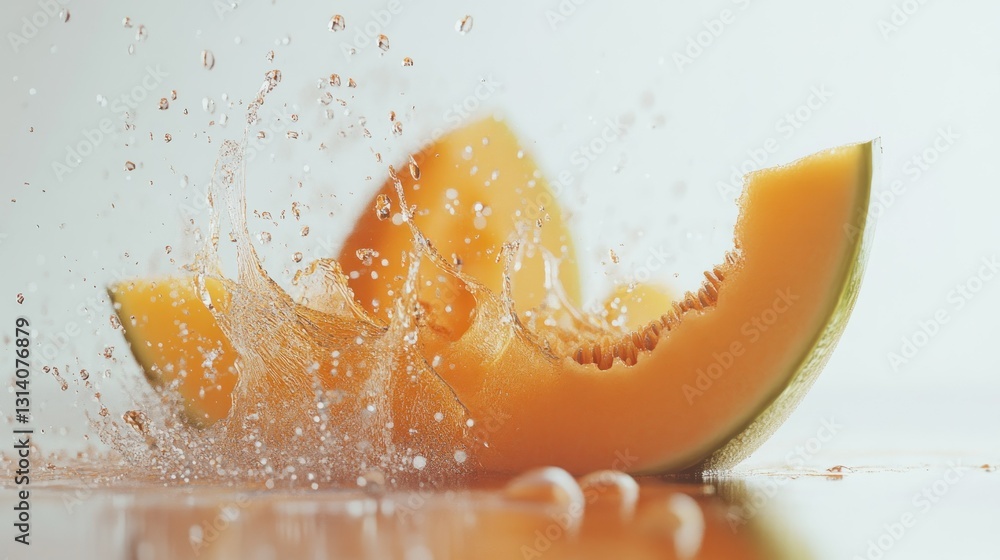 Poster fresh melon slices with water splashing creating vibrant motion