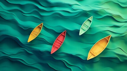 Colorful paper boats floating on abstract green water background