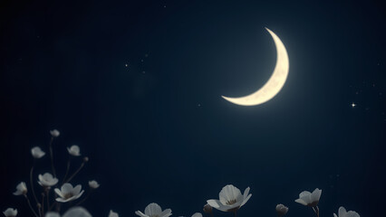 Fototapeta premium Lunar Enchantment: Marveling at the Alluring Presence of the Crescent Moon Amidst Ethereal Blossoms
