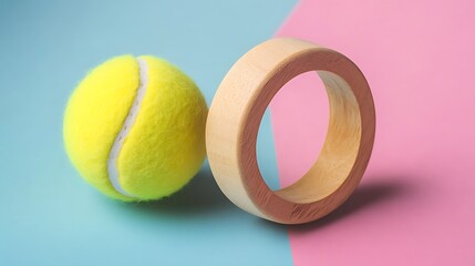 Minimalist Still Life: Tennis Ball and Wooden Ring on Pink-Blue Background