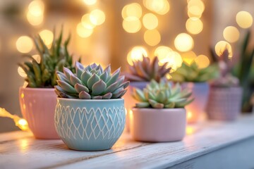 A cozy indoor space with multiple succulent plants in pastel-colored porcelain pots, surrounded by soft ambient lighting