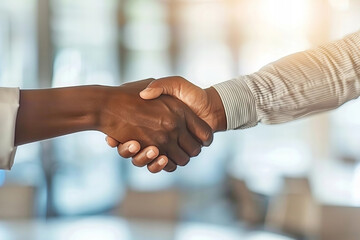 High angle view of two confident African American business professionals shaking hands in a modern office.