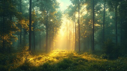 Obraz premium Golden sunrise illuminates misty forest path