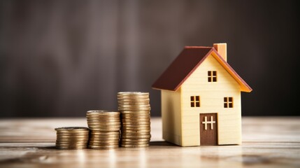 House model on coin stacks in natural light. AI generative