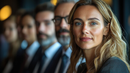 group of professionals attending workshop, with focus on confident woman in foreground. setting is formal, with blurred colleagues in background