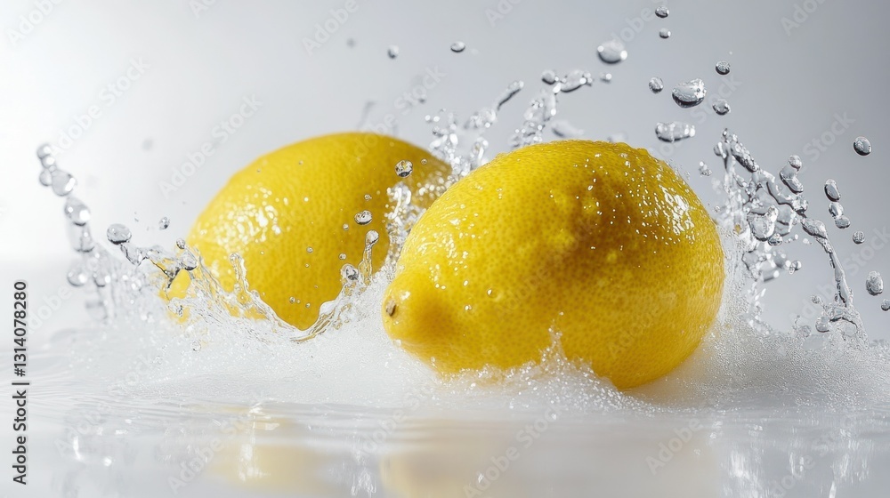 Poster two lemons splashing in water creating dynamic display