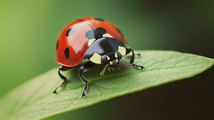 Fototapeta premium Close-Up of Ladybug on Leaf in Sunlit Garden