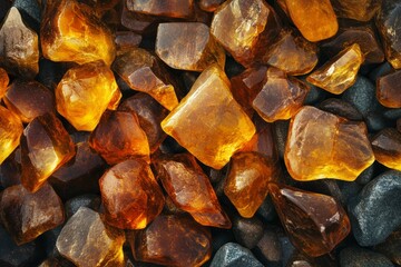 Smooth wet pebbles in sunlight on beach. AI generative