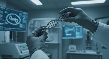 Laboratory professionals examining a DNA structure in a high-tech research environment, representing genetic science, biotechnology, and innovative medical discoveries.