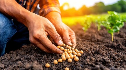 Close-up of farmer's hands planting seeds in rich soil, sunlight illuminating the scene.  Agriculture, growth, and farming concept.