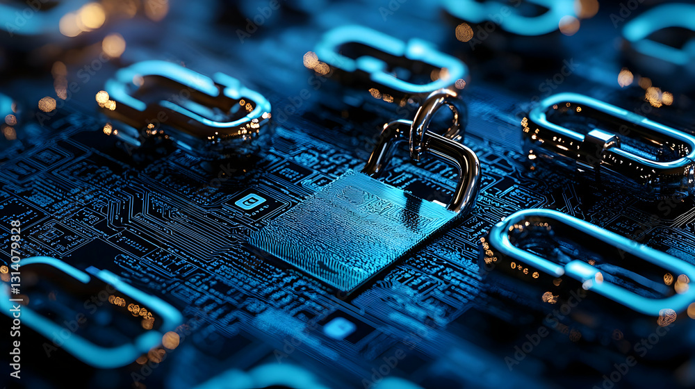 Poster cybersecurity and data protection with a padlock on a circuit board and metallic chains in a dark bl