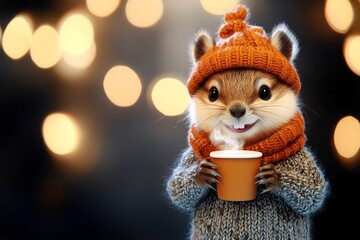 Entertaining animals. Zoo animal welfare. Happy cute baby animal beaver in winter warm clothes, holding hot coffee with rising steam in paws. Wild animal support. Winter wildlife project.