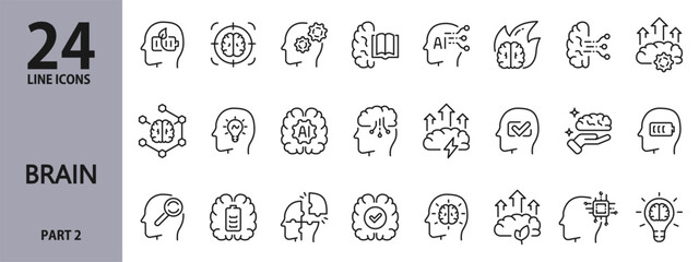 Brain line icons set with Mind, Brain, AI Intelligence, Head, Thinking, Brainstorming, Creative and more. Editable Stroke