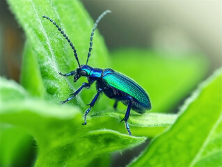 A close-up of a bright blue beetle perched on a green leaf, its colorful shell and delicate features captured in sharp detail, symbolizing the beauty of small creatures.