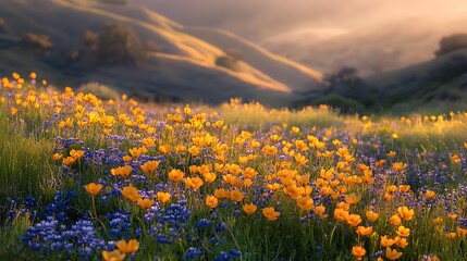 Fototapeta premium Golden hour illuminates a vibrant field of yellow and blue wildflowers, rolling hills in the background.