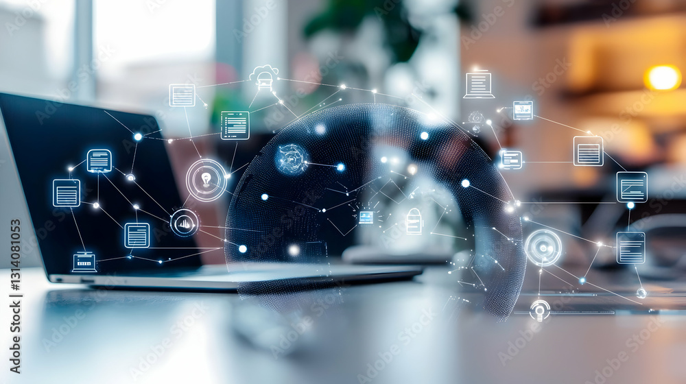 Poster futuristic global network data communication technology on laptop with blurred office background in 