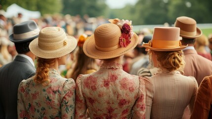 Women in floral dresses and decorative hats at a racing event, facing the racetrack. Classic Old Money vintage style