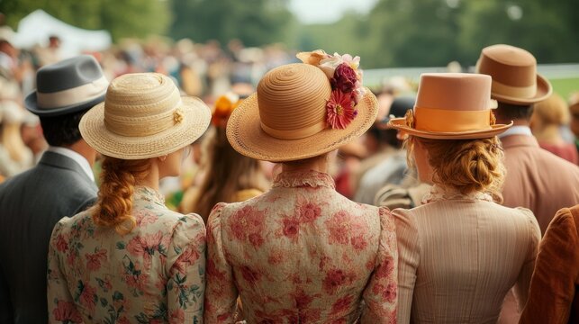 Women in floral dresses and decorative hats at a racing event, facing the racetrack. Classic Old Money vintage style
