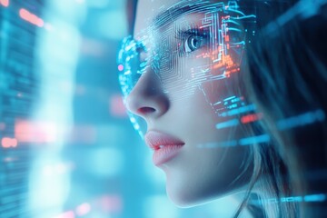 A woman's face is artistically overlaid with a glowing wireframe mesh in a cyberpunk theme. The image highlights futuristic technology with real-time identity verification.